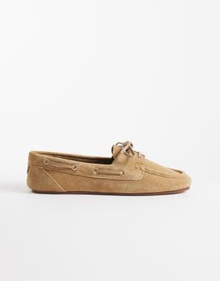 Mango 100% suede leather boat shoes in sand